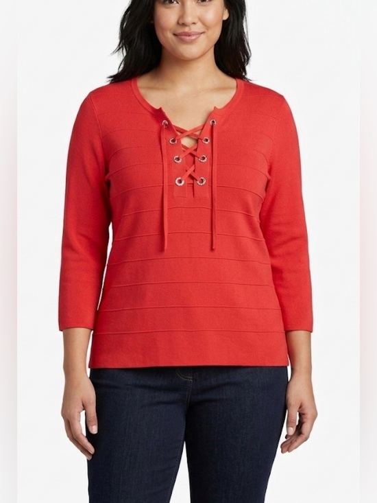 Cable & Gauge Tops - Cable & Gauge Red Lace-Up Front Ribbed Long Sleeve Top Size Large
